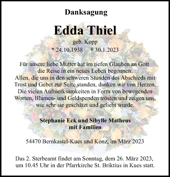 Traueranzeige von Edda Thiel von trierischer_volksfreund