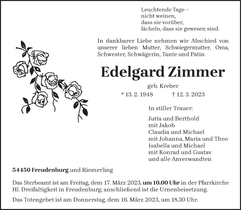  Traueranzeige für Edelgard Zimmer vom 14.03.2023 aus trierischer_volksfreund