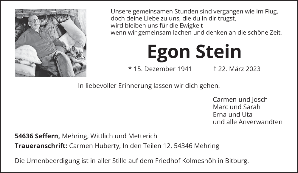 Traueranzeige für Egon Stein vom 25.03.2023 aus trierischer_volksfreund