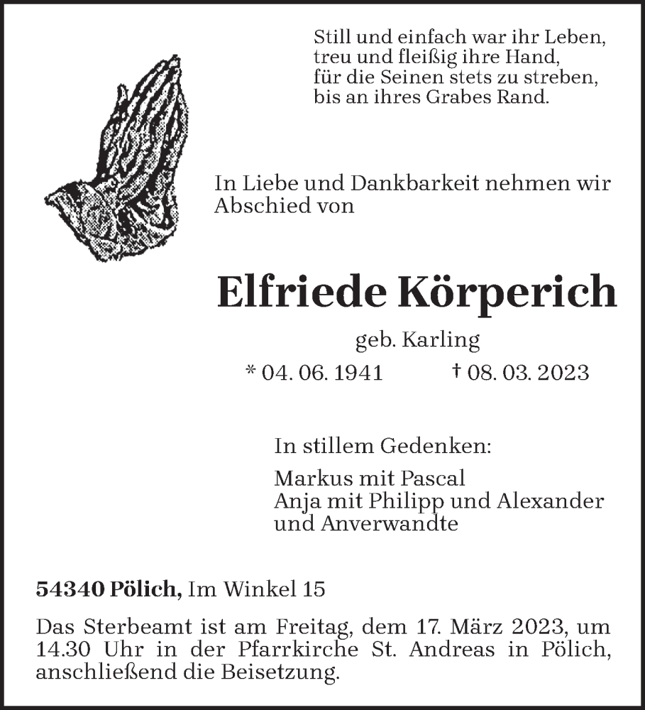 Traueranzeige für Elfriede Körperich vom 14.03.2023 aus trierischer_volksfreund