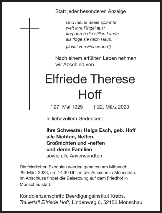 Traueranzeige von Elfriede Therese Hoff von trierischer_volksfreund