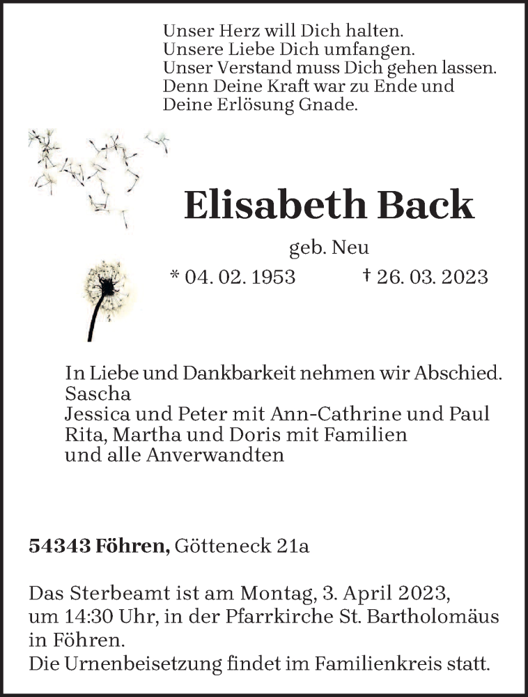  Traueranzeige für Elisabeth Back vom 29.03.2023 aus trierischer_volksfreund