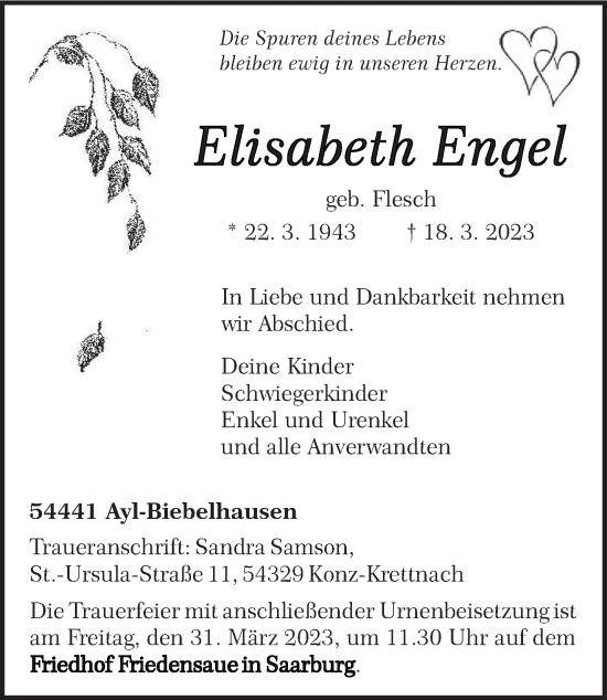 Traueranzeige von Elisabeth Engel von trierischer_volksfreund
