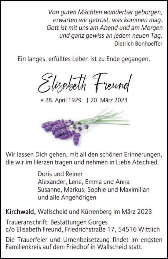 Traueranzeige von Elisabeth Freund von trierischer_volksfreund