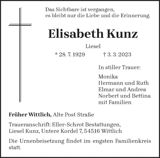 Traueranzeige von Elisabeth Kunz von trierischer_volksfreund