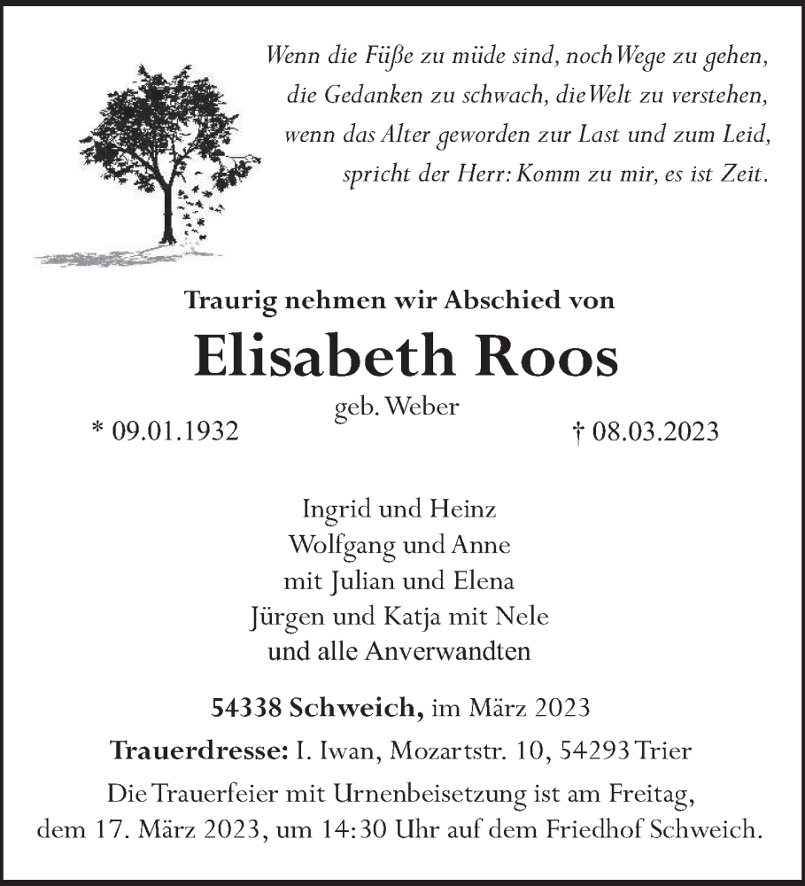  Traueranzeige für Elisabeth Roos vom 11.03.2023 aus trierischer_volksfreund