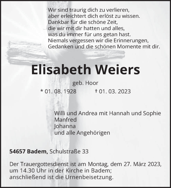 Traueranzeige von Elisabeth Weiers von trierischer_volksfreund