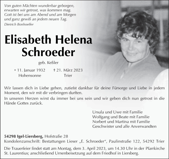 Traueranzeige von Elisabeth Helena Schroeder von trierischer_volksfreund