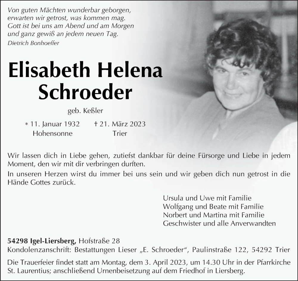  Traueranzeige für Elisabeth Helena Schroeder vom 29.03.2023 aus trierischer_volksfreund