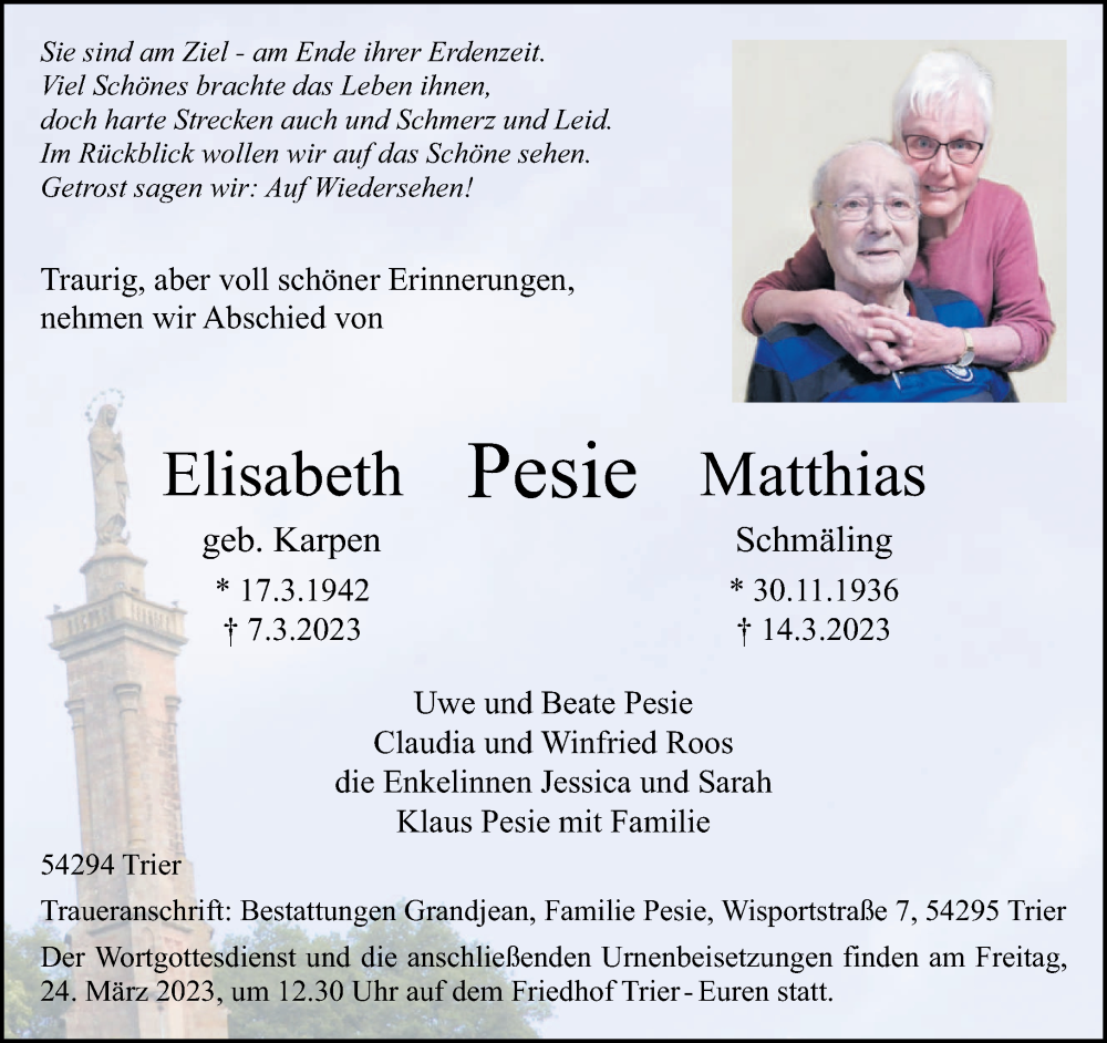  Traueranzeige für Elisabeth und Matthias Pesie vom 17.03.2023 aus trierischer_volksfreund
