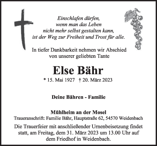 Traueranzeige von Else Bähr von trierischer_volksfreund