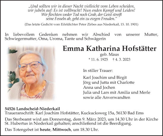 Traueranzeige von Emma Katharina Hofstätter von trierischer_volksfreund
