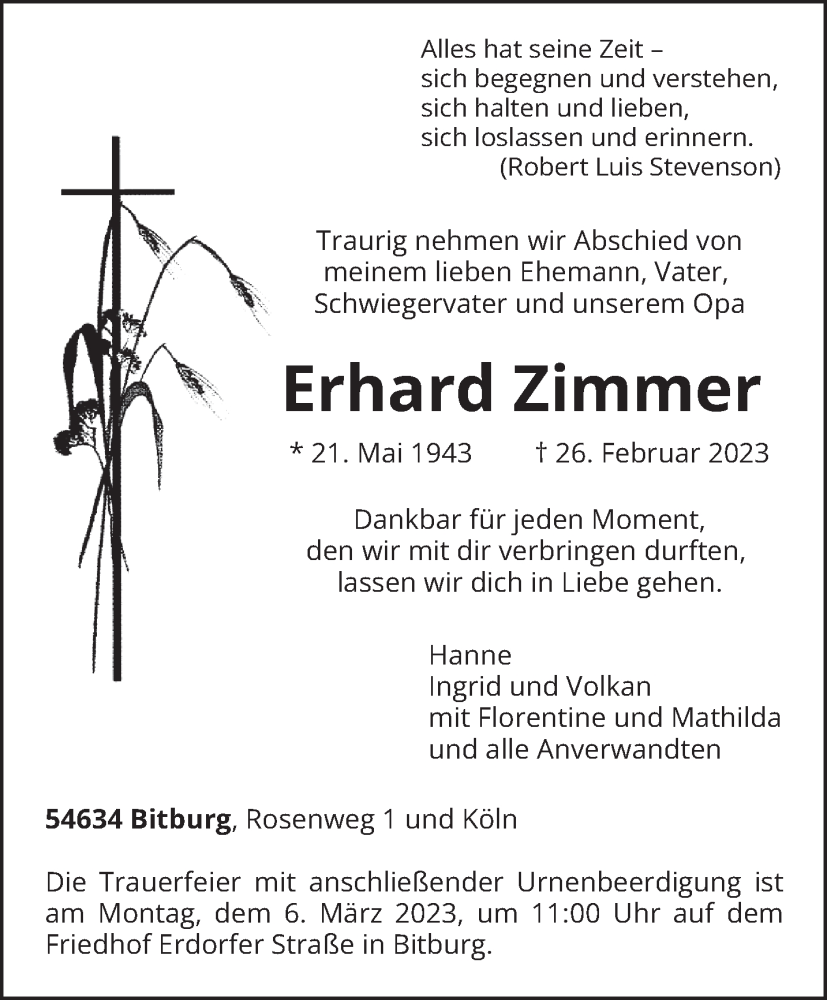  Traueranzeige für Erhard Zimmer vom 01.03.2023 aus trierischer_volksfreund