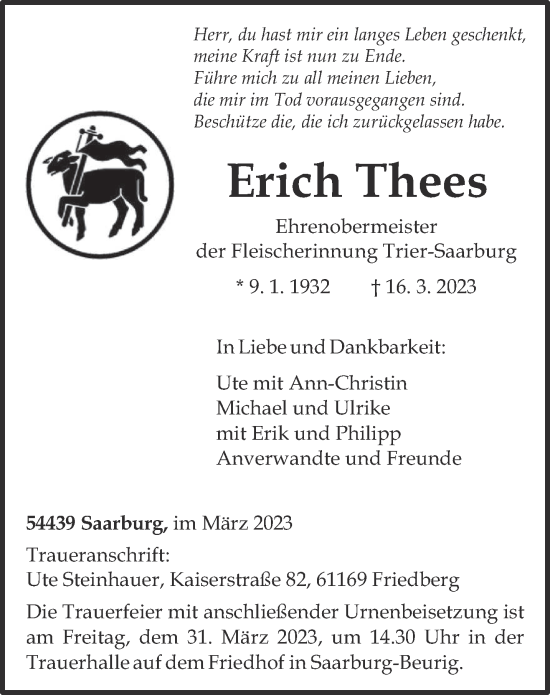 Traueranzeige von Erich Thees von trierischer_volksfreund