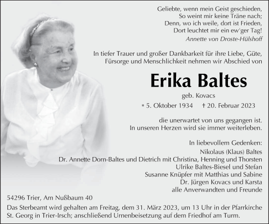 Traueranzeige von Erika Baltes von trierischer_volksfreund