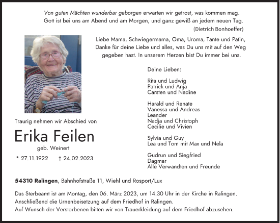 Traueranzeige von Erika Feilen von trierischer_volksfreund