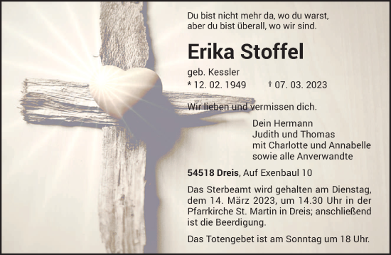 Traueranzeige von Erika Stoffel von trierischer_volksfreund