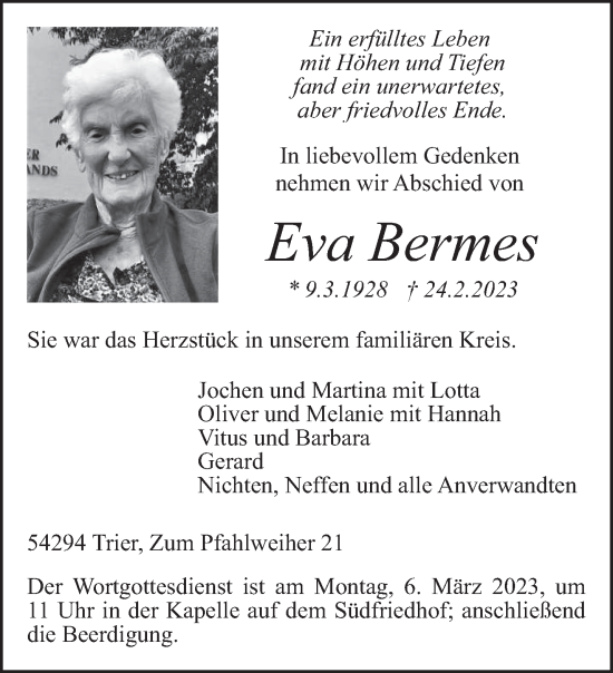 Traueranzeige von Eva Bermes von trierischer_volksfreund