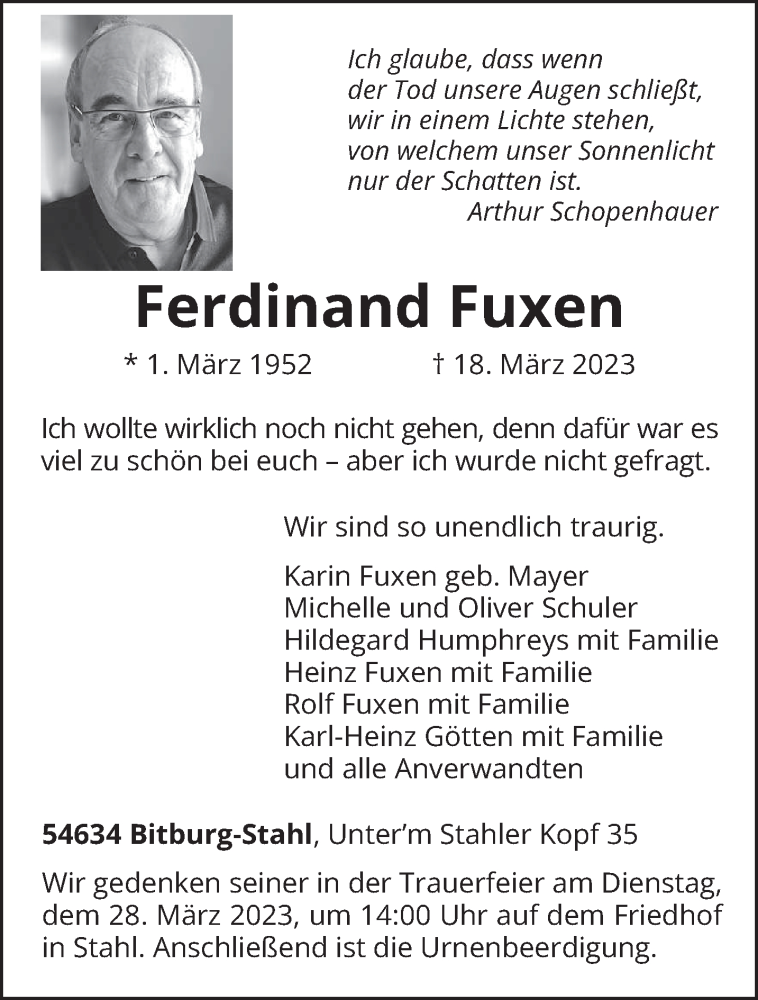  Traueranzeige für Ferdinand Fuxen vom 22.03.2023 aus trierischer_volksfreund