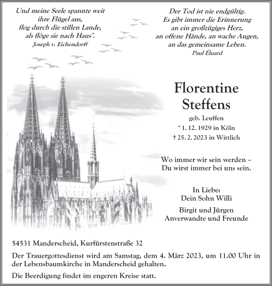 Traueranzeige von Florentine Steffens von trierischer_volksfreund