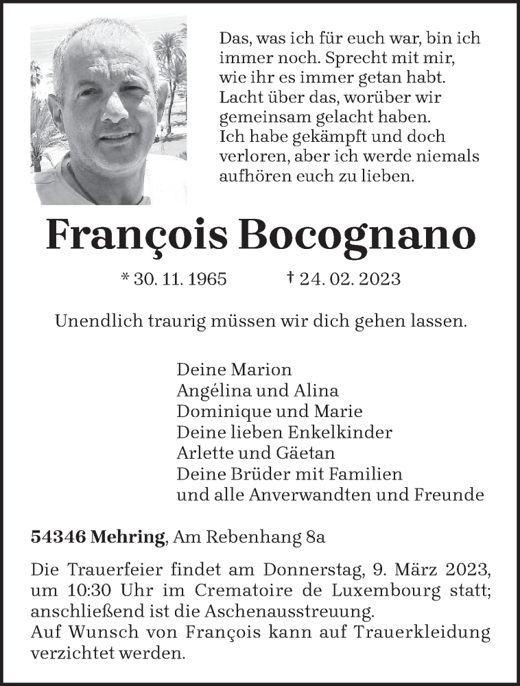  Traueranzeige für Frainois Bocognano vom 04.03.2023 aus trierischer_volksfreund
