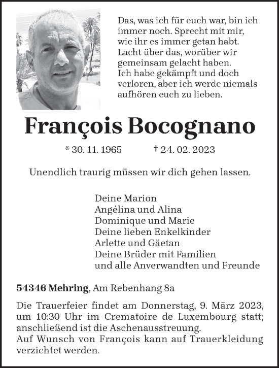 Traueranzeige von Frainois Bocognano von trierischer_volksfreund