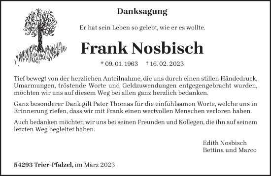 Traueranzeige von Frank Nosbisch von trierischer_volksfreund