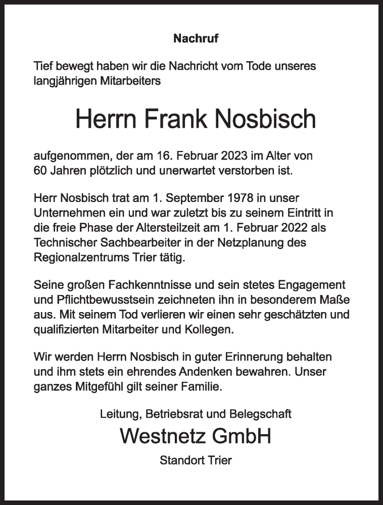  Traueranzeige für Frank Nosbisch vom 28.02.2023 aus trierischer_volksfreund