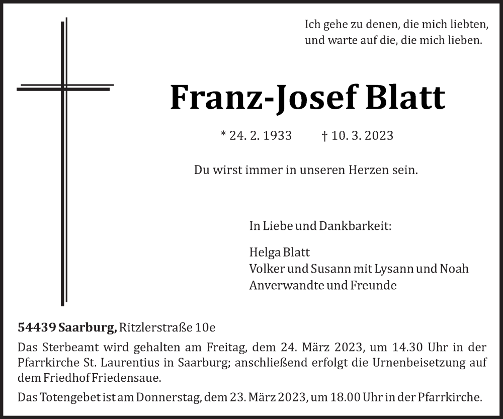  Traueranzeige für Franz-Josef Blatt vom 18.03.2023 aus trierischer_volksfreund