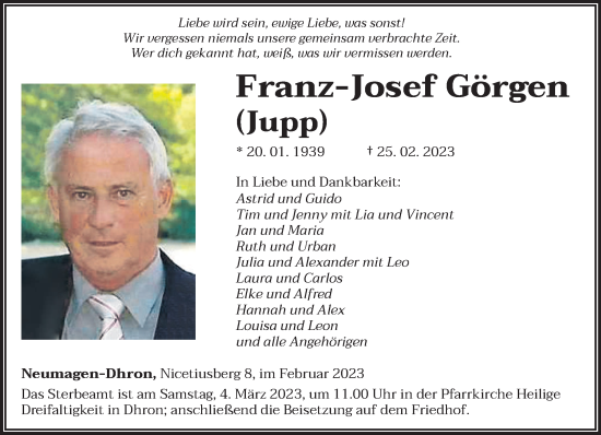 Traueranzeigen Von Franz-Josef Görgen | Volksfreund.Trauer.de