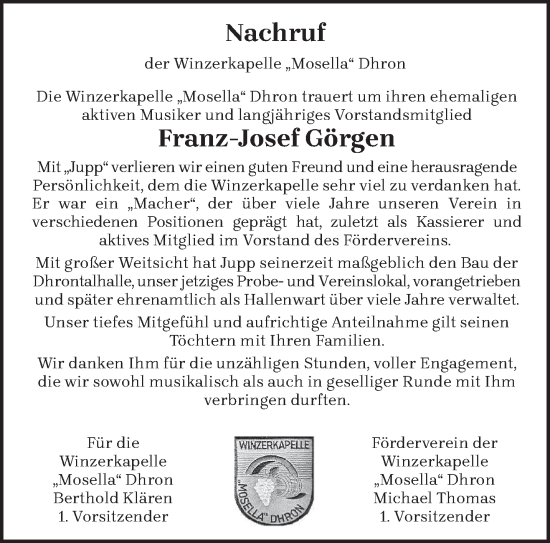 Traueranzeige von Franz-Josef Görgen von trierischer_volksfreund