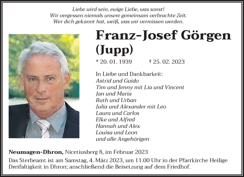  Traueranzeige für Franz-Josef Görgen vom 28.02.2023 aus trierischer_volksfreund