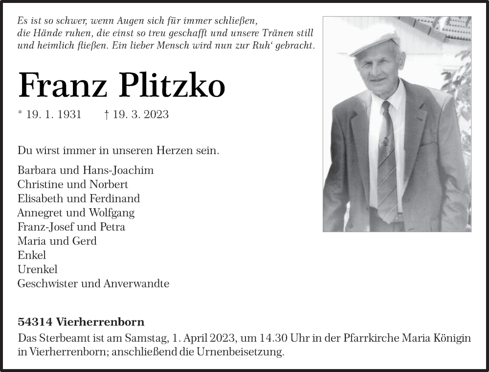  Traueranzeige für Franz Plitzko vom 25.03.2023 aus trierischer_volksfreund