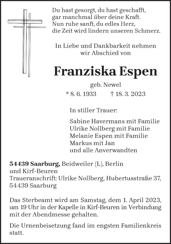 Traueranzeige von Franziska Espen von trierischer_volksfreund