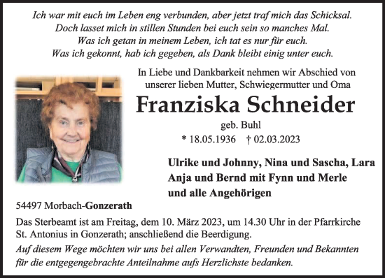 Traueranzeige von Franziska Schneider von trierischer_volksfreund