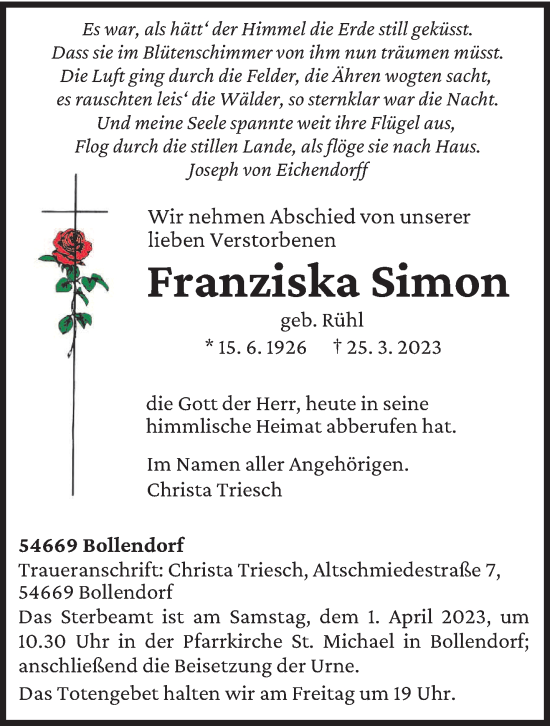 Traueranzeige von Franziska Simon von trierischer_volksfreund