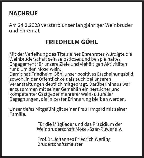 Traueranzeige von Friedhelm Göhl von trierischer_volksfreund