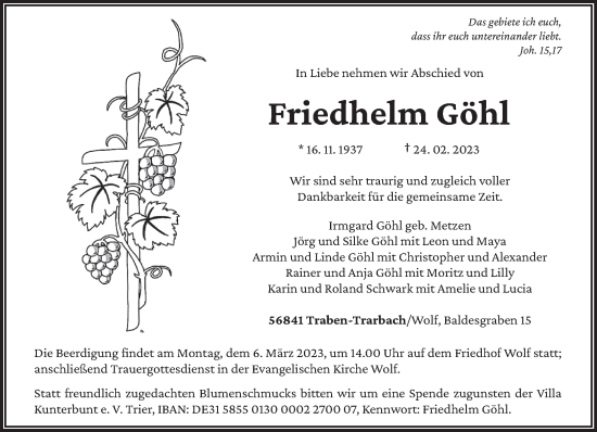 Traueranzeige von Friedhelm Göhl von trierischer_volksfreund