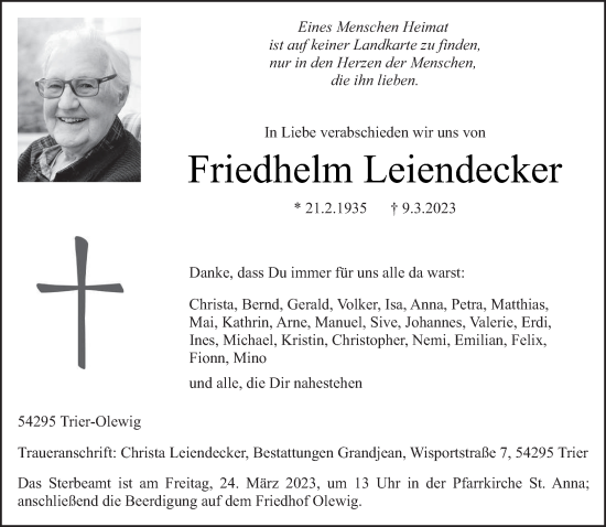 Traueranzeige von Friedhelm Leiendecker von trierischer_volksfreund
