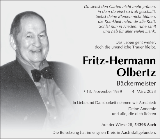 Traueranzeige von Fritz-Hermann Olbertz von trierischer_volksfreund