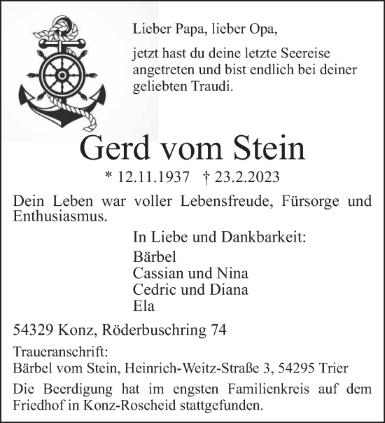 Traueranzeige von Gerd vom Stein von trierischer_volksfreund