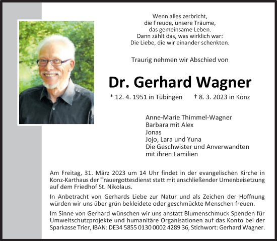 Traueranzeige von Gerhard Wagner von trierischer_volksfreund