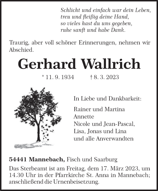 Traueranzeige von Gerhard Wallrich von trierischer_volksfreund