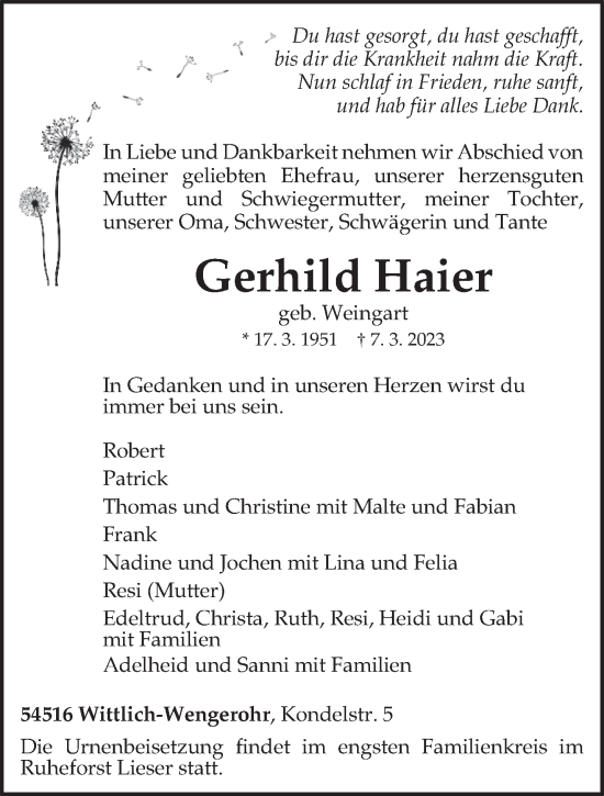 Traueranzeige von Gerhild Haier von trierischer_volksfreund