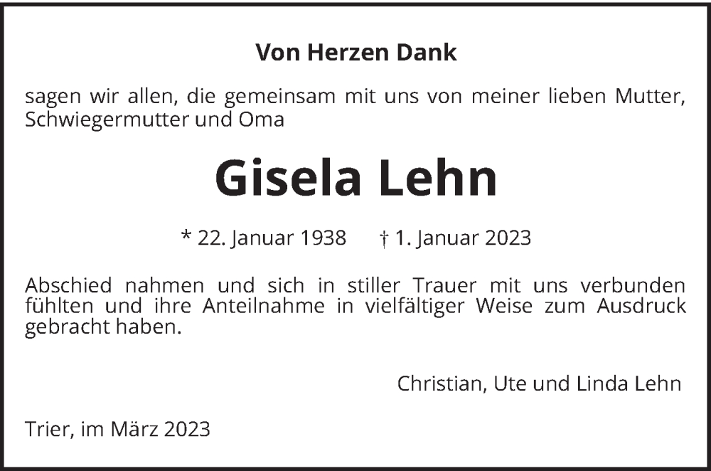  Traueranzeige für Gisela Lehn vom 04.03.2023 aus trierischer_volksfreund