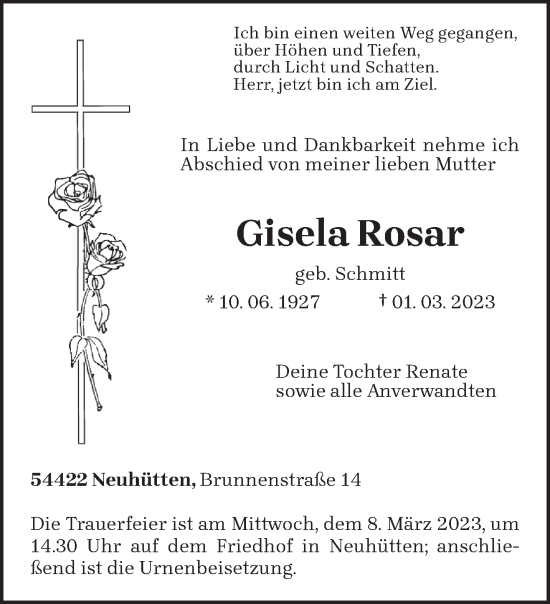 Traueranzeige von Gisela Rosar von trierischer_volksfreund