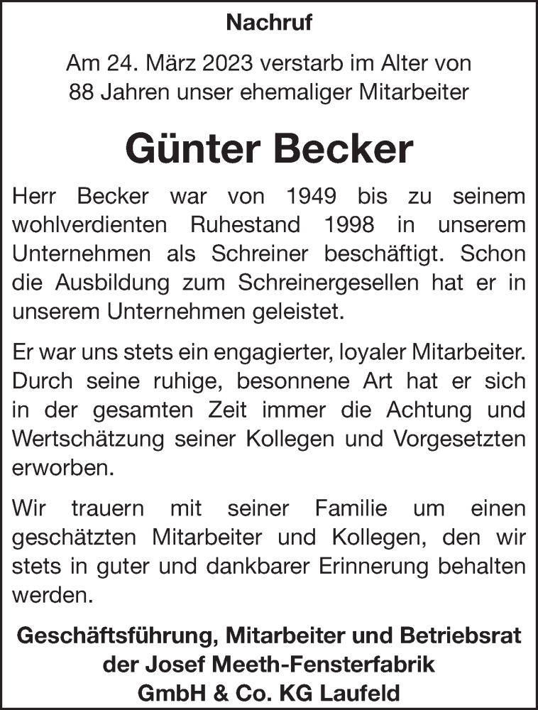  Traueranzeige für Günter Becker vom 29.03.2023 aus trierischer_volksfreund