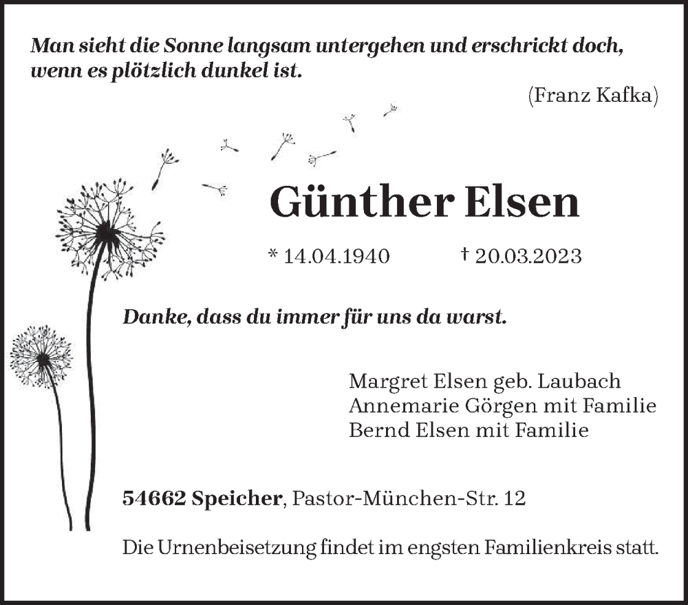  Traueranzeige für Günther Elsen vom 29.03.2023 aus trierischer_volksfreund