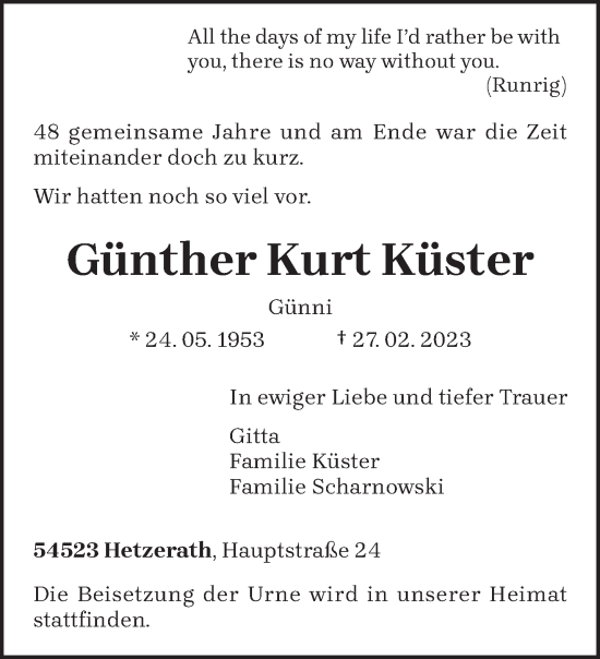 Traueranzeige von Günther Kurt Küster von trierischer_volksfreund
