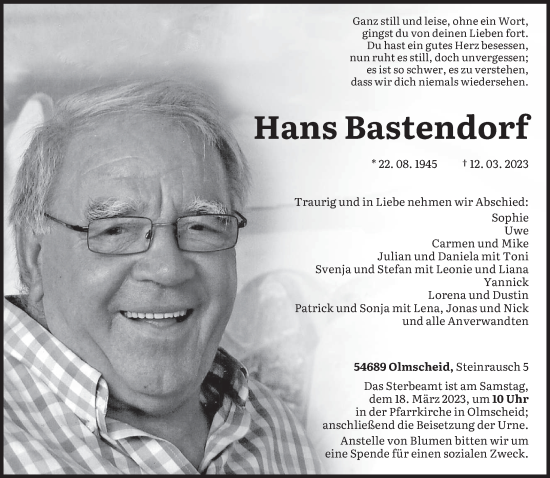Traueranzeige von Hans Bastendorf von trierischer_volksfreund